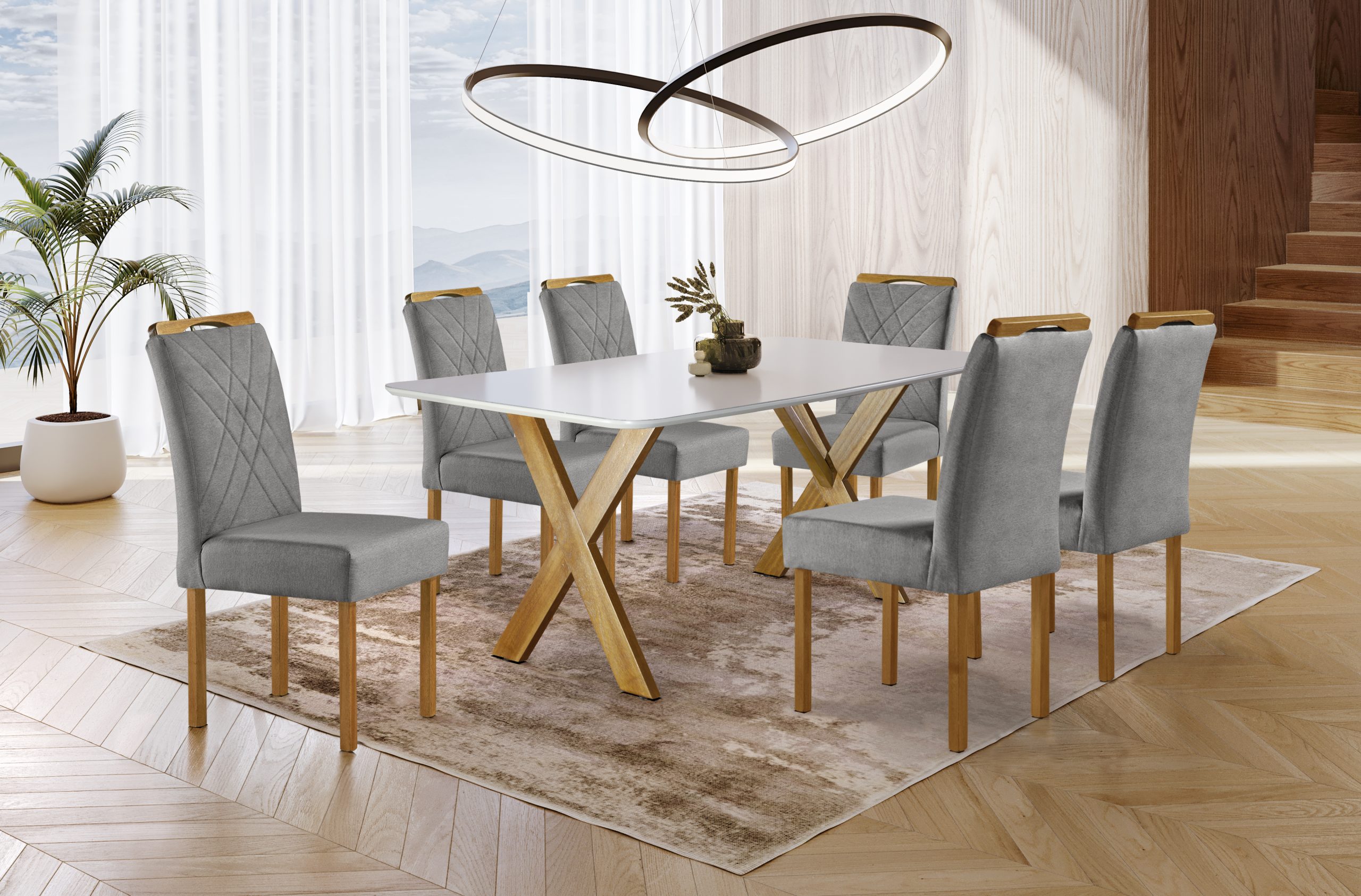 Conjunto Mesa 177839009 -1,80x0,90 com 06 cadeiras 177839030 Mel/Cinza