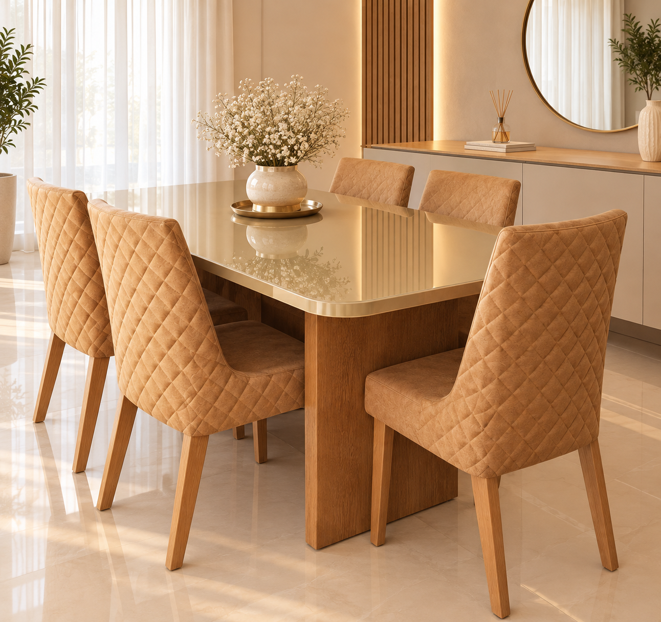 Conjunto Mesa 944910 - 2,20x 1,10 com 06 cadeiras Pérola Metalizado